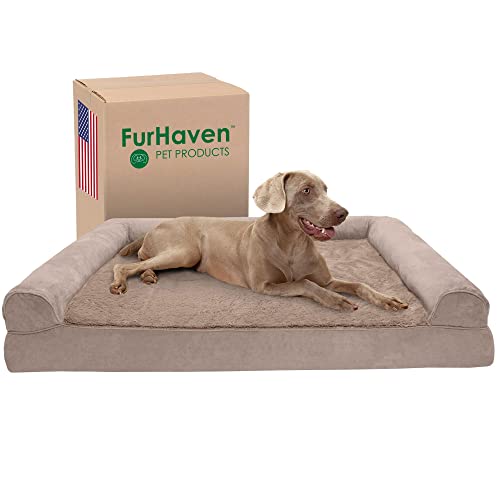 Furhaven Cooling Gel Dog Bed for Large Dogs w/ Removable Bolsters & Washable Cover, For Dogs Up to 125 lbs - Plush & Suede Sofa - Almondine, Jumbo Plus/XXL - color: Almondine, size: Jumbo Plus