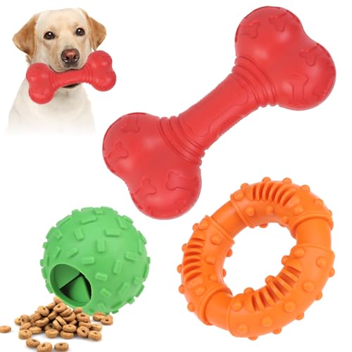 KOOLTAIL Dog Chew Toys for Aggressive Chewers, 3 Pack Durable Tough Bone for Teeth Cleaning, Non-Toxic Rubber Indestructible Dog Toys, Funny Puzzle Dog Toy for Small Medium Large Breed Dogs Best Gift - color: Red+Green+Orange