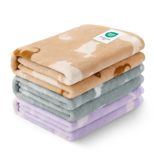 Luciphia 1 Pack 3 Cat Printed Fleece Pet Blankets Washable，Soft Warm Throw Covers for Crate Couch Bed，Cozy Puppy Essentials for Dogs and Cats，Purple/Grey/Khaki, Small (23x16 inch) - color: Gray/Khaki/Purple, size: 23x16 inch (Pack of 3)