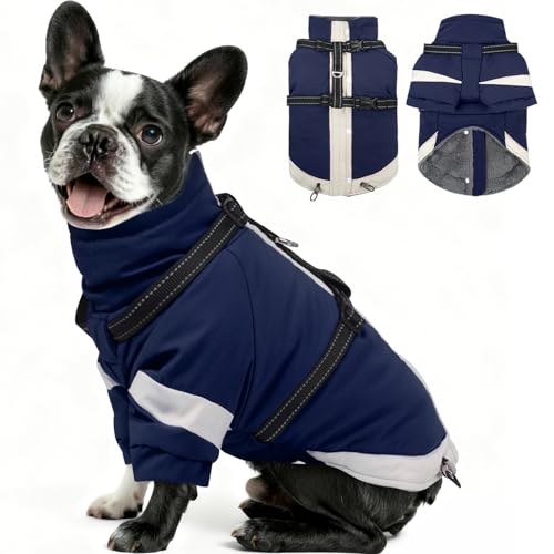 MIGOHI Warm Dog Coat Waterproof Small Dog Jacket with Harness,Reflective Fleece Snowsuit for Dogs,Windproof Puppy Coats with Legs for Cold Weather,Adjustable Pet Clothes for Puppies,Xs,NavyBlue - color: Navy Blue, size: XS(Chest:13.78")