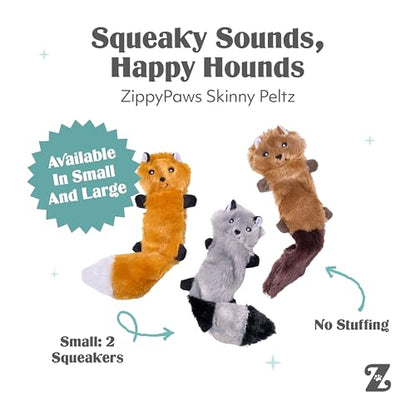 ZippyPaws Skinny Peltz - No Stuffing Dog Toy Pack to Keep Them Busy, for Small and Medium Dogs, Squeaky Pet Toys, Unstuffed Chew Toys, Soft Plush Variety Pack, Fox, Raccoon, and Squirrel - 11" - style: Fox, Raccoon, Squirrel