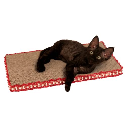 Classic Red Cat Scratch Pad, Stylish Boho Lace with Pearl Large Cardboard Cat Scratcher, Cat Scratchers for Indoor Cats, Durable Cat Scratching Board, Horizontal Scratch Pad for Cats - color: Classic Red