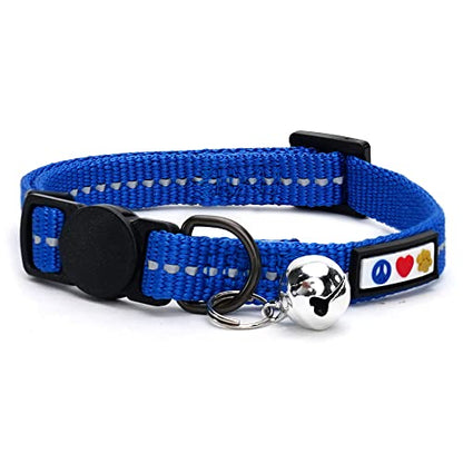 Pawtitas Recycled Blue Reflective Cat Collar – Eco-Friendly Breakaway Safety Buckle, Adjustable Kitten & Adult Collar with Removable Bell and High-Visibility Strap - color: Recycled Blue