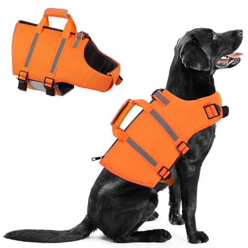 Queenmore Dog Life Jacket - Adjustable Swim Vest with Rescue Handle, Zipper (Orange, XS) - color: Orange, size: X-Small