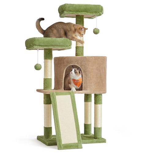 Feandrea Cat Tree, 45.3-Inch Cat Tower, Plush Condo with Scratching Post, Ramp, Perch, Spacious Cave, for Small Space, Grass Green and Camel Brown UPCT141CB03 - color: Grass Green + Camel Brown