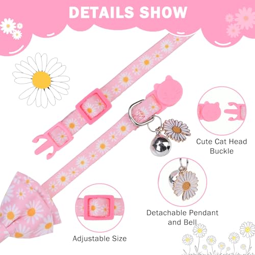 SCENEREAL Spring Cat Collar Breakaway with Bells, 2 Pack Cute Flower Pet Collar with Removable Bow Tie and Bandana, Adjustable Safety Buckle with Daisy Pendants for Girl Cats Kitten - color: Bandanas & Bow (Daisy-Pink)