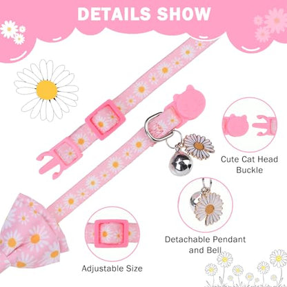 SCENEREAL Spring Cat Collar Breakaway with Bells, 2 Pack Cute Flower Pet Collar with Removable Bow Tie and Bandana, Adjustable Safety Buckle with Daisy Pendants for Girl Cats Kitten - color: Bandanas & Bow (Daisy-Pink)