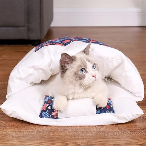 Yardwe Cozy Enclosed Cat House with Detachable Washable Cushion Navy Star Pattern L Size Indoor Nest for Kittens