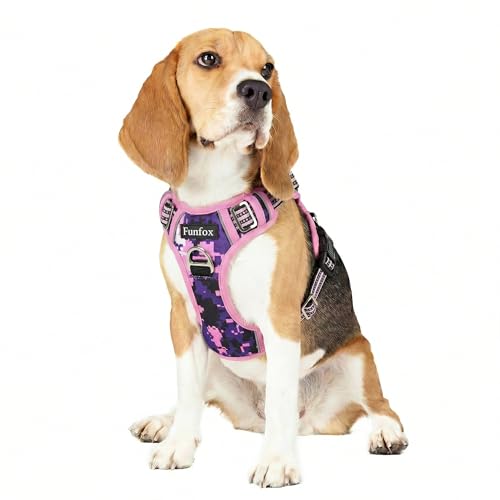 Funfox Dog Harness No Pull, Adjustable Pet Vest Harness, Super Soft Material with Vertical Handle Easy Control, Reflective Night Walking, 2 Leash Clips for Medium Sized Dogs, Mosaic Pink, M - color: Mosaic Pink, size: Medium