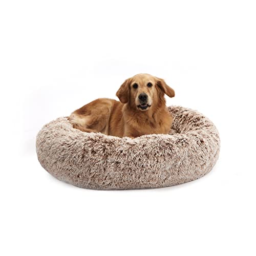 Bedfolks Calming Donut Dog Bed, 36 Inches Round Fluffy for Large Dogs, Anti-Anxiety Plush, Machine Washable (Brown, Large) - color: Brown, size: 36.0"L x 36.0"W x 8.0"Th