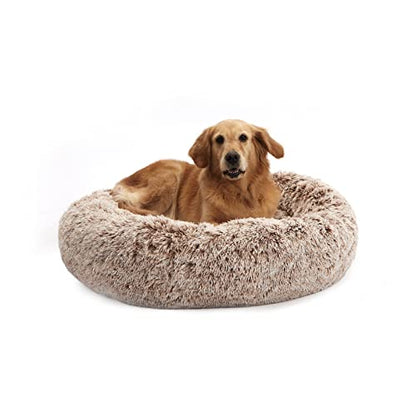 Bedfolks Calming Donut Dog Bed, 36 Inches Round Fluffy for Large Dogs, Anti-Anxiety Plush, Machine Washable (Brown, Large) - color: Brown, size: 36.0"L x 36.0"W x 8.0"Th