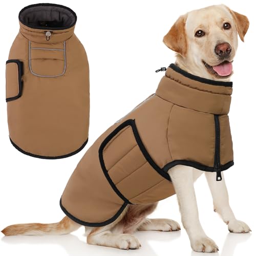 AOFITEE Dog Coat, Waterproof Dog Jacket, Dog Winter Coat with Harness Hole & High Collar, Warm Fleece Dog Snow Jacket for Cold Weather, Reflective Dog Snowsuit for Small Medium Large Dogs, XL - color: Brown, size: X-Large