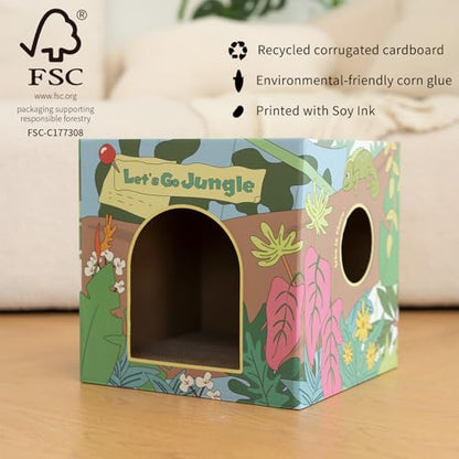 CHICHIPAWS Cardboard Cat Scratcher House with 2 Scratch Boards – Peekaboo Cave & Hideaway, Playhouse for Indoor Pets, Corrugated Scratching Cube for Kittens, Rest Box Bed with Catnip, Durable Fun