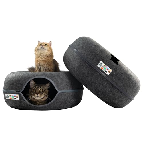 Cattasaurus Peekaboo Cat Cave Donut for Multiple & Large Cats up to 30-45 lbs, 3-in-1 Self Warming Cat Bed, Tunnel & Scratcher for Indoor Cats, Washable & Detachable (Dark Gray + Dark Gray, Large) - color: Dark Gray + Dark Gray, size: Large