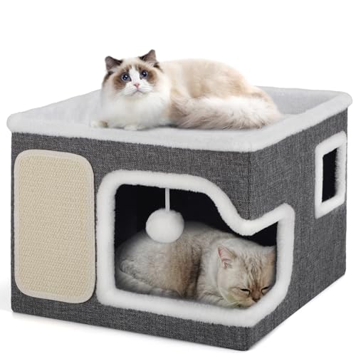 Cat Beds for Indoor Cats, Large Cat Cave with Cozy Hideout, Scratch Pad, Fluffy Ball Hanging, Foldable Cat Hideaway Hold Up to 30LBS, Indoor Cat House with Reversible Soft Cushions for All Seasons - size: Single