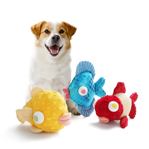 Nocciola Tough Dog Toys, Squeaky Dog Toys to Keep Dogs Busy with Two Resistant Layer & Crinkle Sound, Googly Eyed Fish Gang Puppy Teething Toys for Small, Medium, Large Breeds - color: 3 Different Fish, size: Googly Eyed Fish Gang