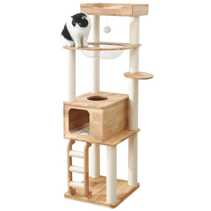 65-inch Tall Cat Tree，Cat Tower for Indoor Cats with Feel-Safe Enclosed Cat Cave、Scratching Post、Space Capsule Nest and Cat Ladder