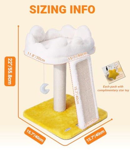 Happi N Pets Cat Tree, Cloud Cat Tower with Soft Bed, Cat Scratching Post & Pad with Larger Perch for Window Viewing, Small Cat Tree with Cute Toys, Bonus Catnip - size: 22" with Scratching Pad