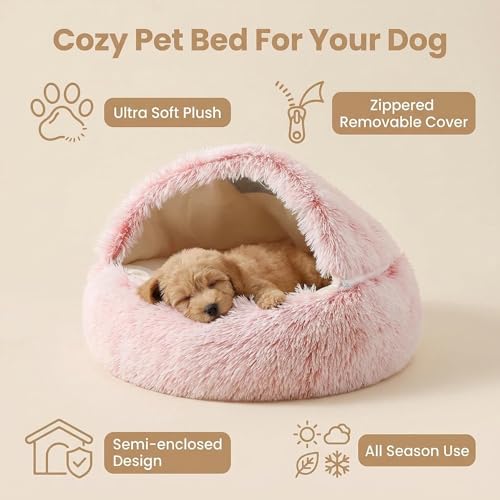 Hooded Dog Bed, Cat Cave Bed with Removable Hood, 2-in-1 Convertible Donut Cat Bed, All Season Fluffy Pet Bed for Cats Small Dogs (Cave Bed - Pink, Large Size 23.6 in) - color: Cave bed - pink, size: 23.6 in Large size