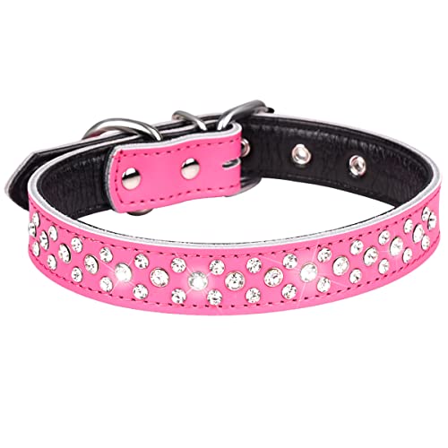 Rhinestones Dog Collar, Adjustable Sparkly Crystal Studded Genuine Leather Pet Dog Collar for Small and Medium Dogs (Hot Pink, S) - color: Hot Pink, size: Small