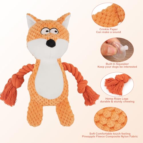 Dog Toys, Dog Squeaker Toys with Crinkle Paper, Stuffed Animal Dog Plush Chewing Toy, Cotton Rope Interactive Toys for Puppy, Small, Middle Dogs (Orange Fox) - color: Orange