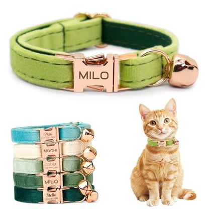 Personalized Non-Breakaway Cat Collar with Name, Luxury Soft Velvet Custom Engraved Name Collar with Bell for Kittens & Cats (Avocado Green, S (6.5-10.5 inches)) - color: Avocado Green, size: S (6.5-10.5 inches)