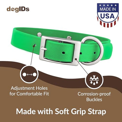 dogIDs Personalized Dog Collar – Custom Waterproof Soft-Grip Biothane with Laser-Engraved Nameplate, Durable & Odor-Resistant, USA Made | Bright Green, 1 in x 16 in (Fits Necks Size 14-18 in) - color: Bright Green, size: 1 in x 16 in (Fits Necks Size 14-1
