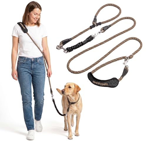 SparklyPets - Bungee Rope Handsfree Leash for 1 Dog - Demovable Slip Lead - Waist or Hip Belt Leash for Dog Walking, Running, Carnicross - Medium & Large Breeds - color: Brown
