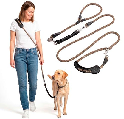 SparklyPets - Bungee Rope Handsfree Leash for 1 Dog - Demovable Slip Lead - Waist or Hip Belt Leash for Dog Walking, Running, Carnicross - Medium & Large Breeds - color: Brown