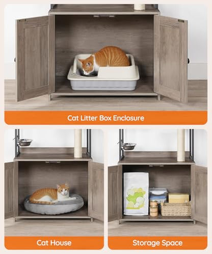 HOOBRO Cat Tree with Litter Box Enclosure, 58.7" H Cat Tower with Hidden Litter Box Furniture, with Scratching Post, Step, Hammock, Multifunctional Pet Furniture with Food Bowls, Greige BG30MZ03G1