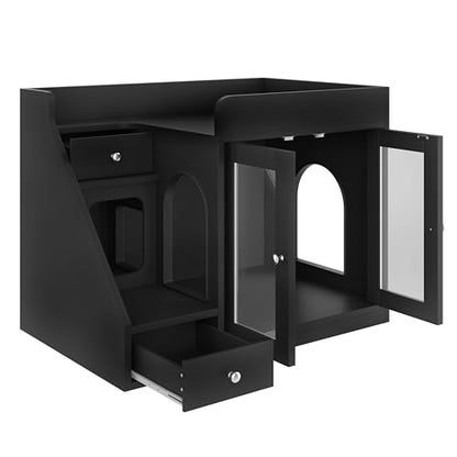 Merax Cat Litter Box Enclosure Furniture with Light,Hideaway Litter Box Furniture with 2 Storage Drawers for Living Room,Black - color: Black