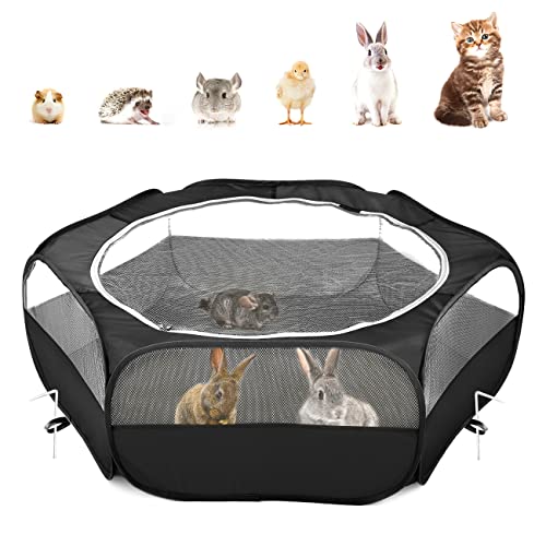 Pawaboo Small Animals Playpen, Waterproof Small Pet Cage Tent with Zippered Cover, Portable Outdoor Yard Fence with 3 Metal Rod for Kitten/Puppy/Guinea Pig/Rabbits/Hamster/Chinchillas, Black - color: H-Black