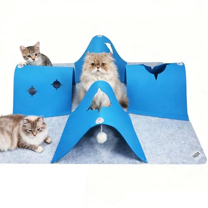35.4" Large Interactive Felt Cat Activity Play Mat – Ripple Style Hide & Seek Tunnel with Hanging Ball, Foldable Snuffle Mat for Indoor Cats, Kittens, Rabbits, Small Pets, Blue - color: Grey-Blue
