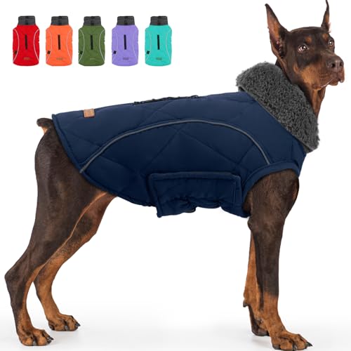 EMUST Dog Jacket Polyester Winter Coat for Medium Large Dogs, Reflective Vest with Zipper, Warm for Cold Weather, Dark Blue, L - color: New DarkBlue, size: Large(Pack of 1)