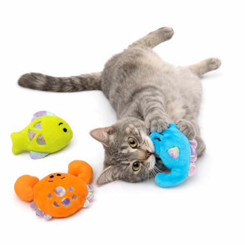 Pounce & Purr® Plush Cat Toys, Catnip & Silvervine Infused, Shiny Iridescent Accents, Interactive Play Toys for Cats & Kittens (Colorful Seashine Series) - color: Seashine