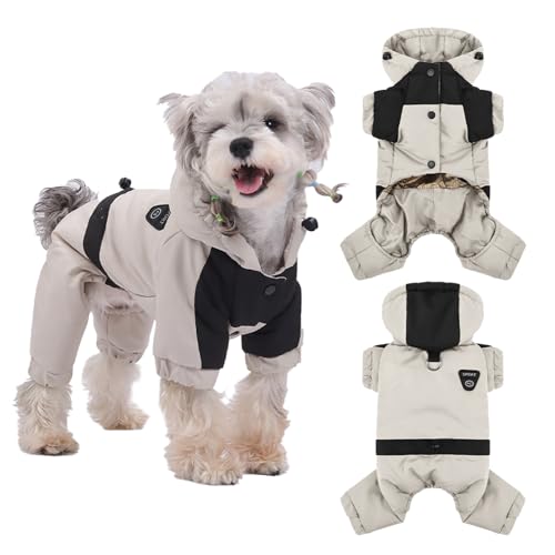 Warm Dog Coat with Hood,Waterproof Windproof Winter Full Body Dog Jacket Snowsuit,Adjustable Cold Weather Pet Clothes (Beige, S) - color: Beige, size: S