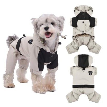 Warm Dog Coat with Hood,Waterproof Windproof Winter Full Body Dog Jacket Snowsuit,Adjustable Cold Weather Pet Clothes (Beige, L) - color: Beige, size: L
