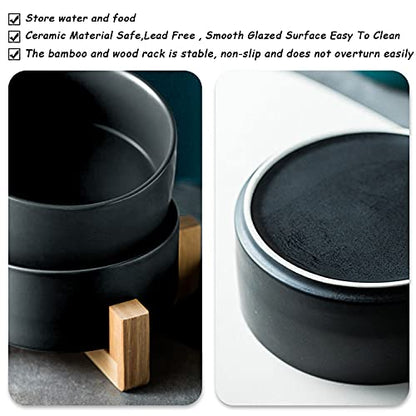 Petygooing Ceramic Black Cat Dog Bowl Set with Stand,Small Dog Bowls, Pet Food and Water Dish, Anti Slip Set of 2 Cat Bowl-Pet Food Dishes- Pet Bowls Small Size Pet (13.5OZ/5.1 in) - color: Black, size: Puppy/Small Size Dogs & Cat Bowls 400ML*2