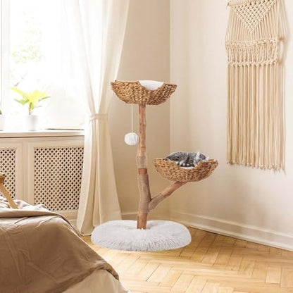 unipaws Wood Cat Tree Tower for Large Cats 20lbs, Updated Enlarge 24" Base with Dual Woven Baskets, 41" H Cat Activity Tree with Plush Cushions and Scratching Post - size: 2 baskets