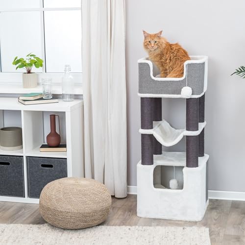 Trixie Lucano 43.3-in XXL Cat Tree, Indoor Cat Furniture with Jute Scratching Posts, Sisal and Plush Covered Condo, Dangling Interactive Toys, Gray - color: Gray, size: 43" Tall