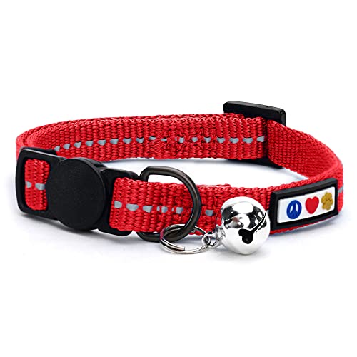 Pawtitas Recycled Red Reflective Cat Collar – Eco-Friendly Breakaway Safety Buckle, Adjustable Kitten & Adult Collar with Removable Bell and High-Visibility Strap - color: Recycled Red