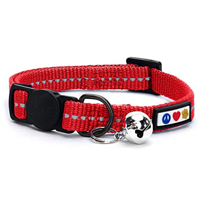 Pawtitas Recycled Red Reflective Cat Collar – Eco-Friendly Breakaway Safety Buckle, Adjustable Kitten & Adult Collar with Removable Bell and High-Visibility Strap - color: Recycled Red