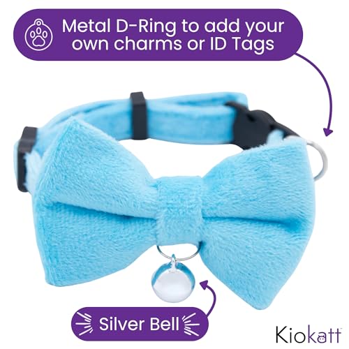Velvet Bowtie Cat Collar with Bell – Adjustable Breakaway Blue Bow Cat Collar for Adult Cats (7–11") - color: Blue