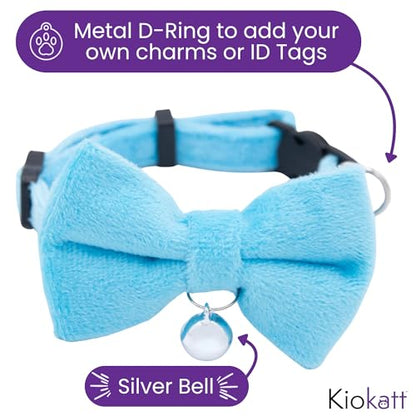 Velvet Bowtie Cat Collar with Bell – Adjustable Breakaway Blue Bow Cat Collar for Adult Cats (7–11") - color: Blue