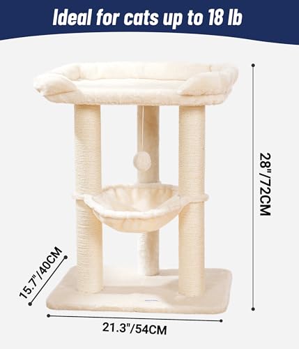 Happi N Pets 28" Cat Tree, Large Bed for Big Cats, Small Cat Tower with Soft Perch for Window Viewing, Stable Cat Tree Tower, Cat Scratching Post with Hammock, Removable Cover-Beige - color: Beige