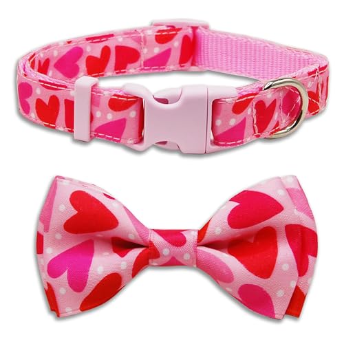 Valentine Dog Collar with Bow Tie, Holiday Quick-Release Red and Pink Heart with White Polka Dots Pattern for Small Medium Large Pets Puppies - color: Valentine Pink Heart, size: Medium-(12.5-20") Neck * 3/4" Wide