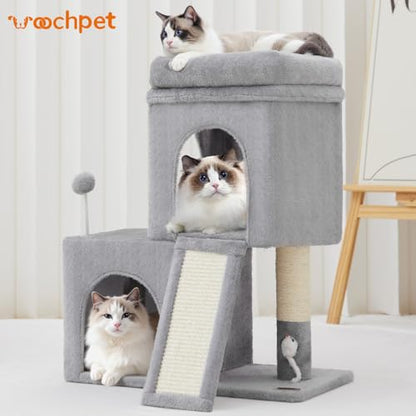 Woochpet 24inch Tall Cat Tree with 2 Cat Condo and Mouse Toy Cozy Small Cat Tower with Scratching Post and Board for Kitties and Small Cats.（Light Grey） (22 * 13 * 28) - size: 22*13*28