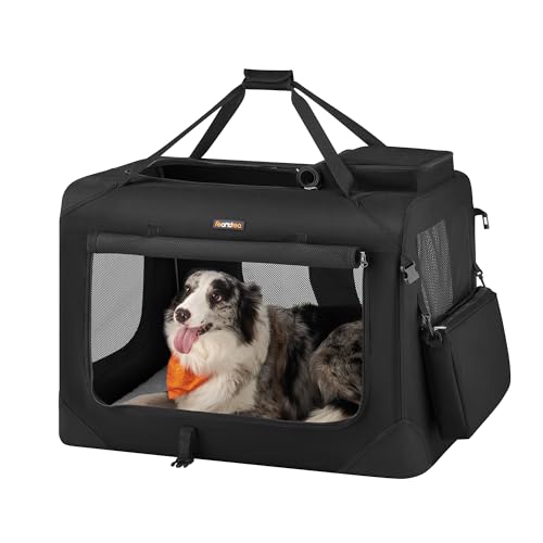 Feandrea 32 Inches Collapsible Soft Dog Crate, Portable Travel Dog Crate for Indoor and Outdoor Use, Dog Carrier Kennel with Safety Zippers, for Living Room, Car, Travelling, Camping, Black UPDC80H - color: Black, size: 28.0"L x 20.5"W x 3.0"H