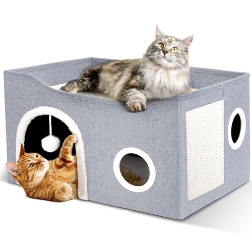 Heeyoo Cat House for Indoor Cats - Large Cat Bed Cave with Fluffy Ball and Scratch Pad, Foldable Cats Houses & Condos, Cat Hideaway, Covered Kitty Bed for Multi Small Large Kitty, 23.8x15.9x13.2 Inch - style: Without heat pad