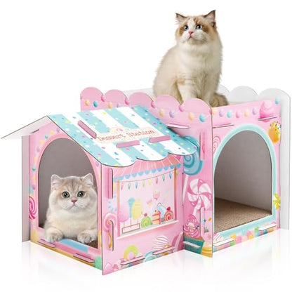 Lineshading 2 Story Cardboard Cat House with Scratcher Pad, Multi Level Durable Cat Scratcher House for Small Kitten Bunny Rabbit Animals Christmas Birthday Gift(17x12x10,Confectionery) - style: Confectionery